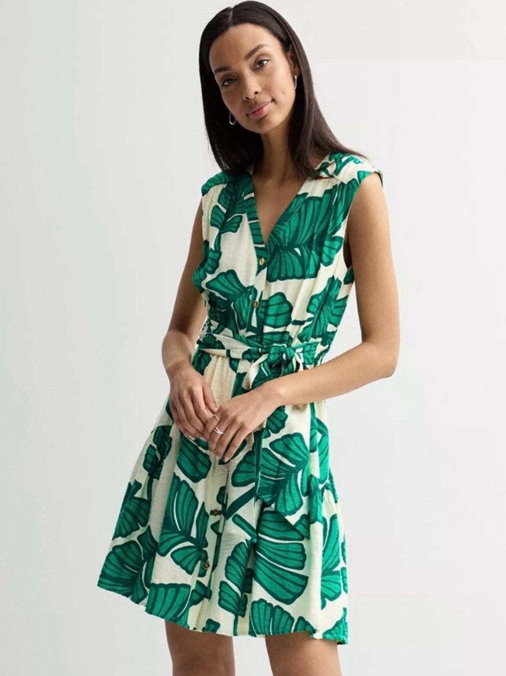 NWT Nine West Green Leaf Print Sleeveless Dress Sz L